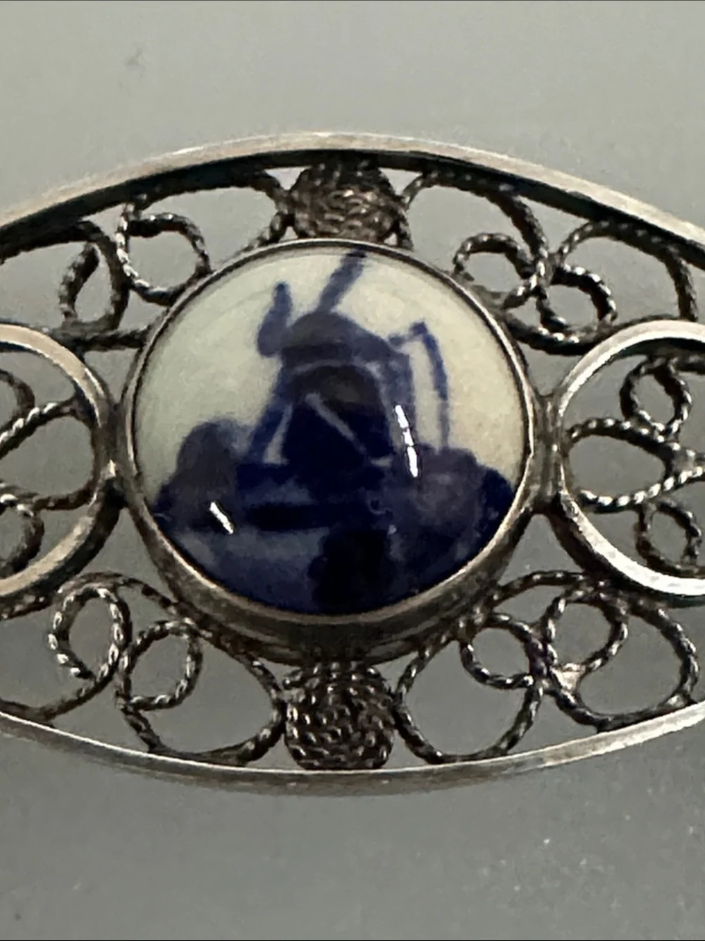 Vintage 925 Sterling Silver  Bracelet with Blue and White Porcelain Cabochons​​